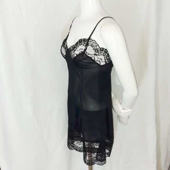 Lace Pleated Trim Solid Black Chantilly Slip M - Picture 7 of 10